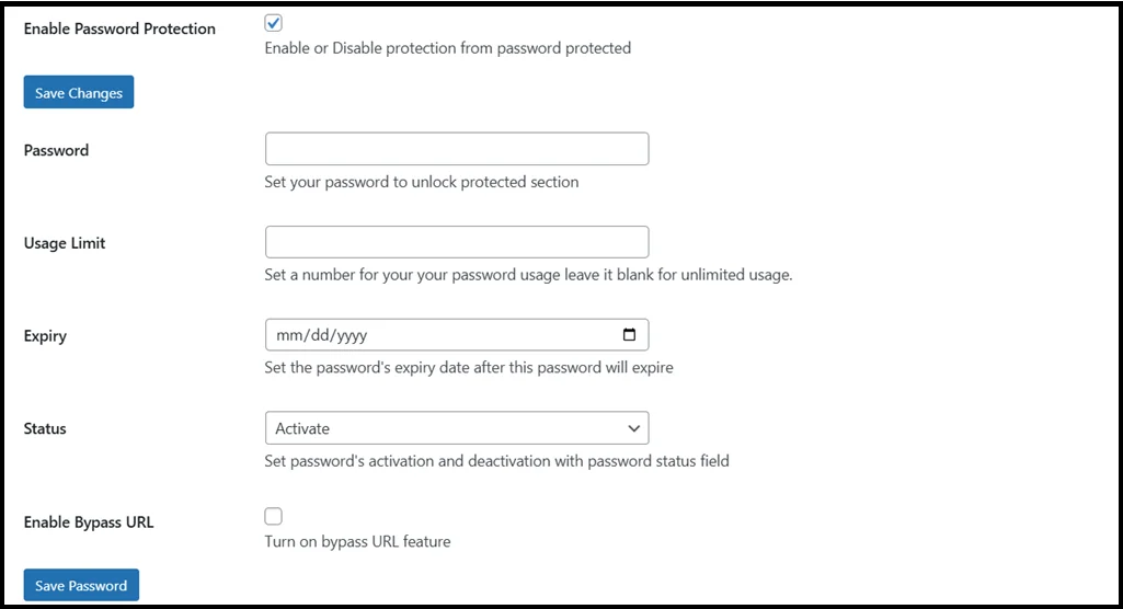 Enable bypass URL option in Password Protected Pro settings