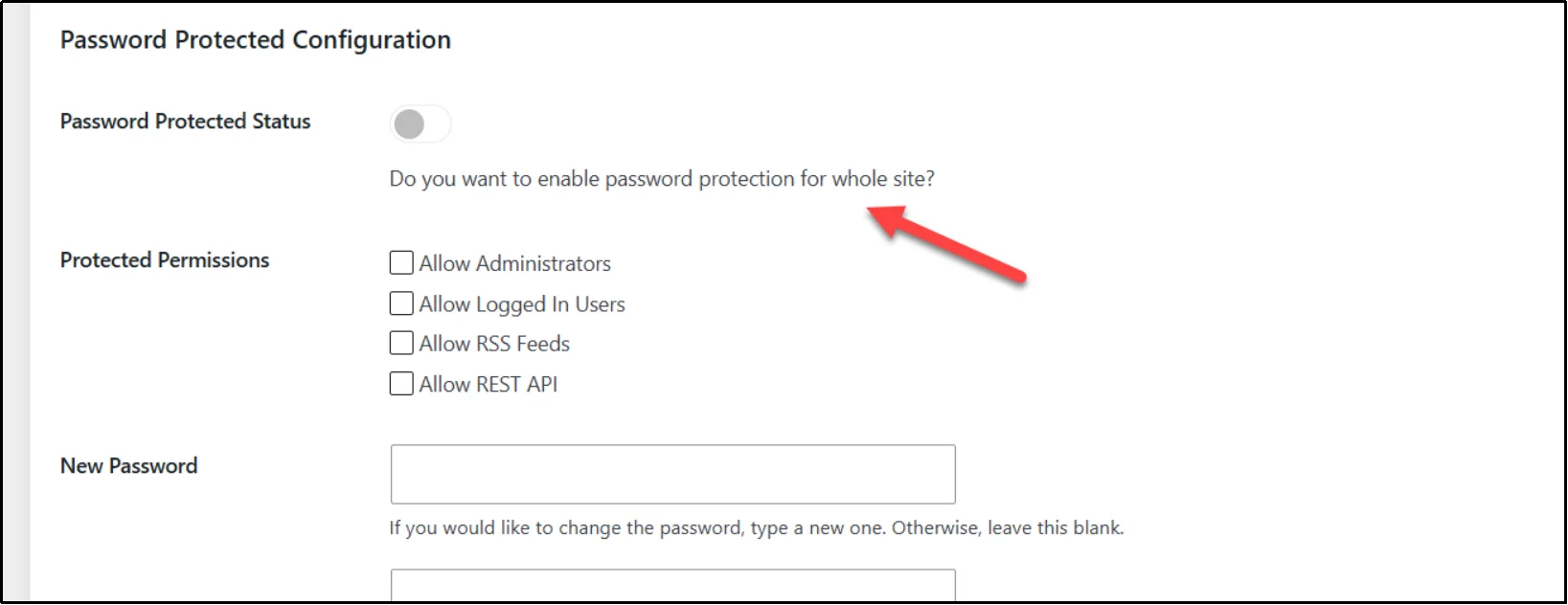 Password Protected configuration screen with the site-wide protection toggle and permission options