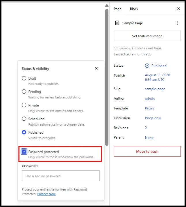 WordPress Status and visibility panel with Password protected checked and a password field