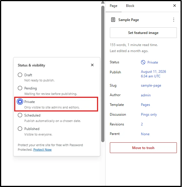 WordPress Status and visibility panel with Private selected, visible only to admins and editors