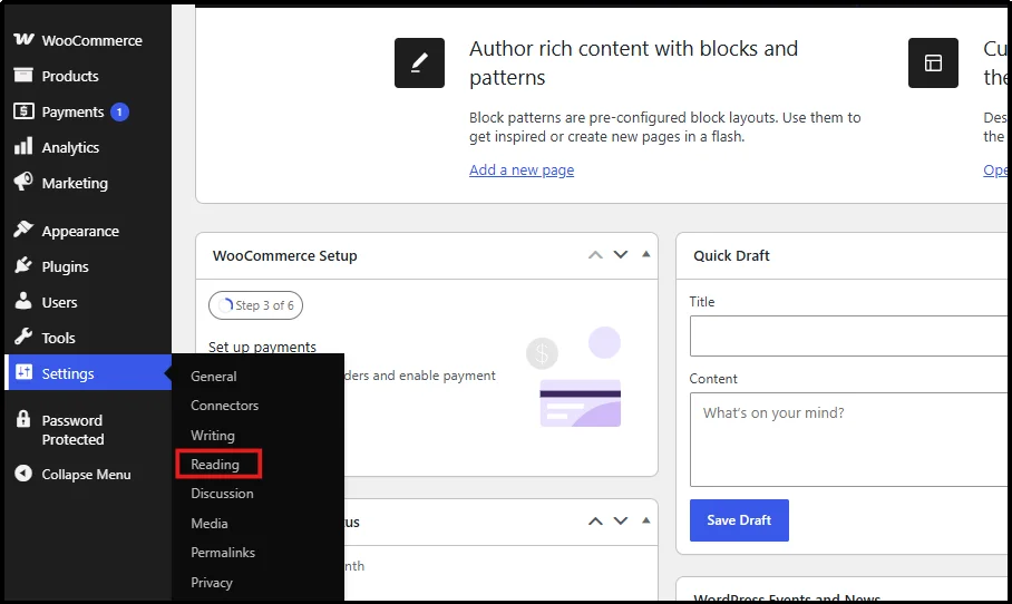 WordPress admin sidebar with the Settings menu open and Reading highlighted
