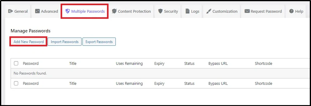 Click Add New Password button in WordPress plugin