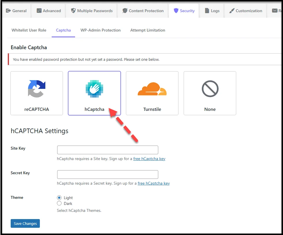 Configure hCaptcha in Password Protected