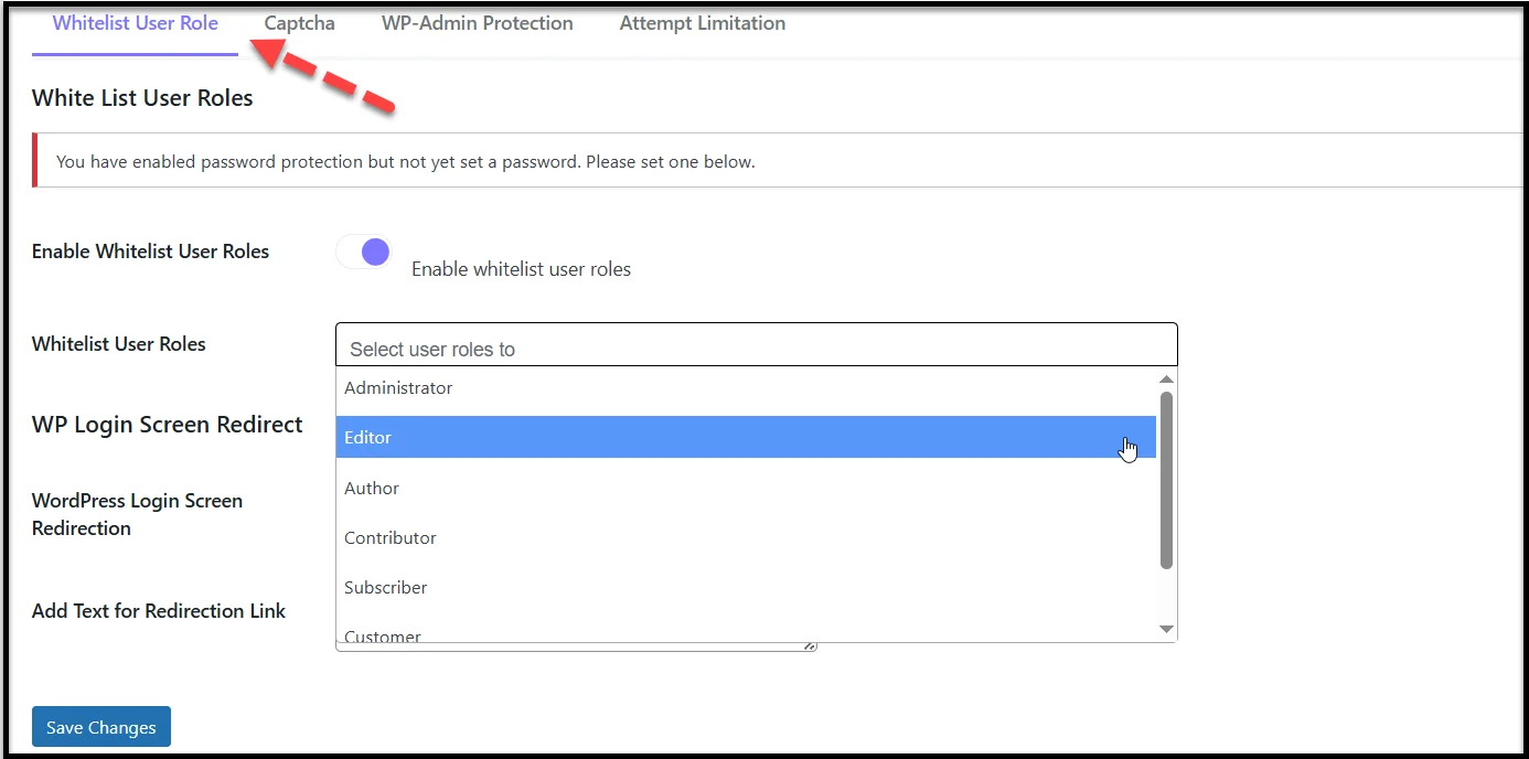Enable whitelist user role settings in WordPress for password-protected pages