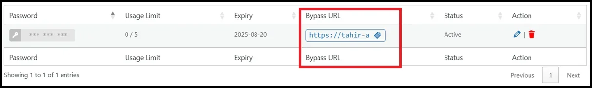 Option to find and copy the bypass link for a protected WordPress page