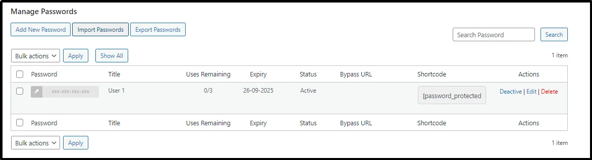 Manage Passwords tab in WordPress content protection plugin