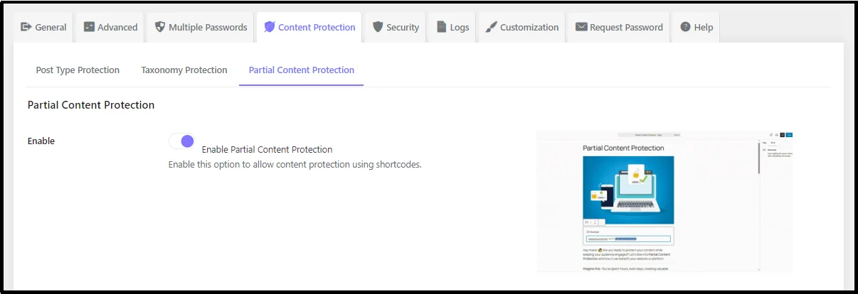 Partial Content Protection subtab in plugin settings