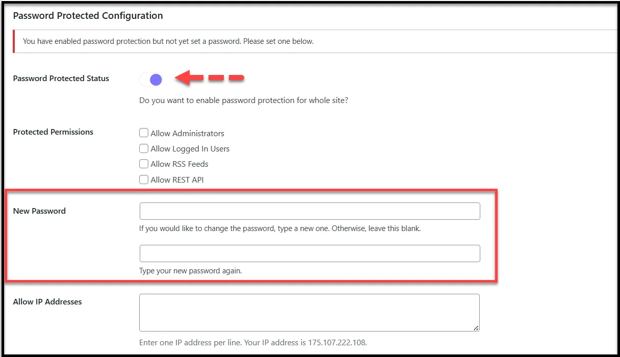 WordPress page showing password protected status enabled