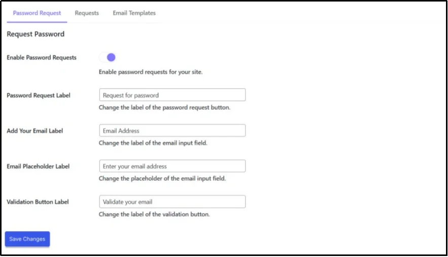 Request password subtab in settings