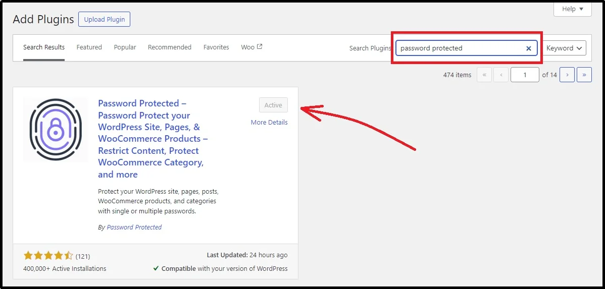 Search for Password Protected plugin in WordPress dashboard