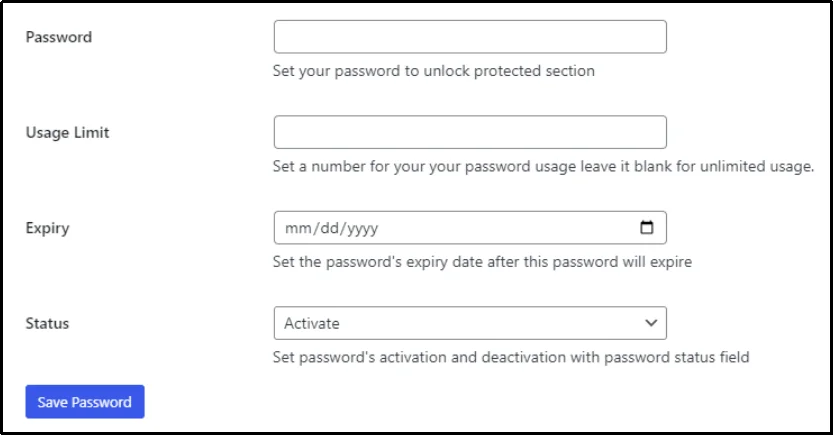 Set up another password in WordPress plugin