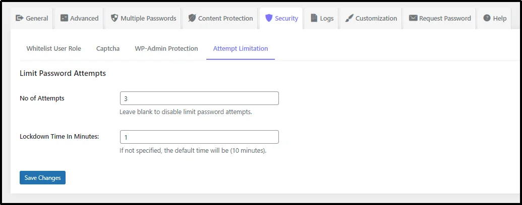 Attempt Limitation Subtab in Password Protected plugin