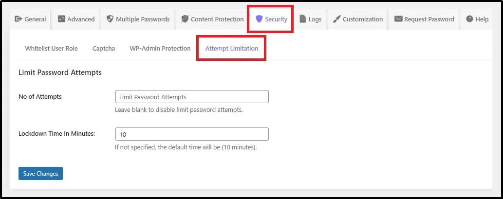 Settings page showing the login attempt limitation feature