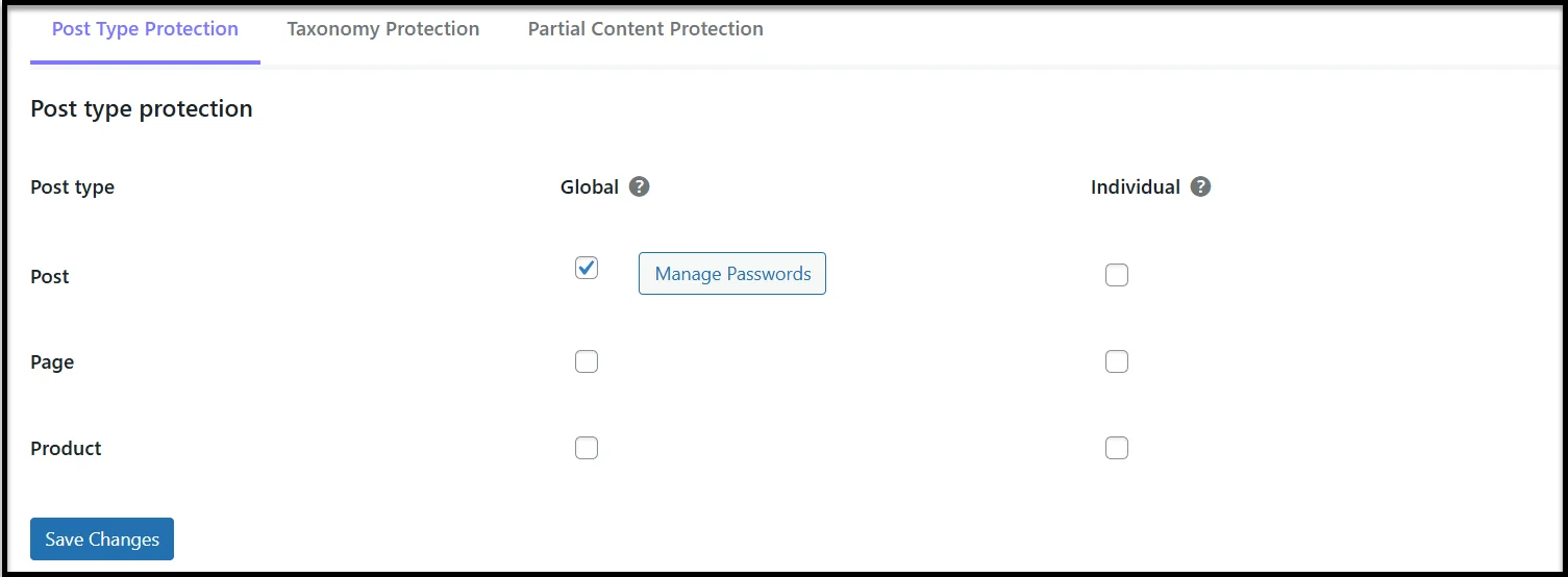 Post Type Protection sub-tab in Password Protected WordPress settings
