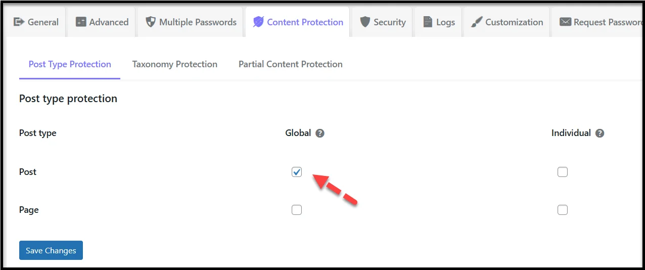 Post type protection settings in Password Protected WordPress plugin