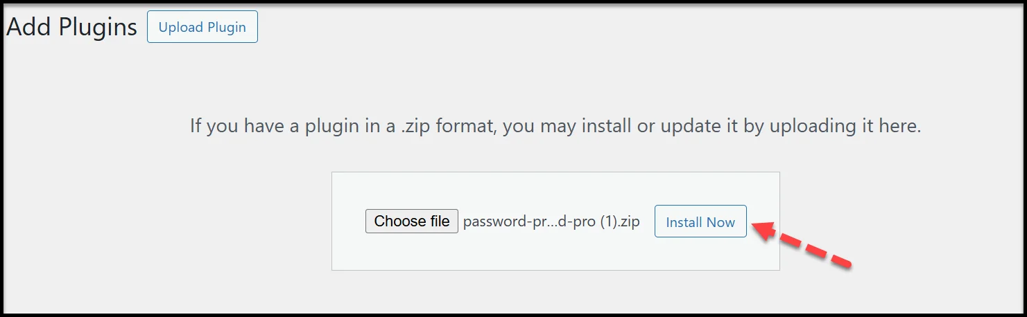 Upload the ZIP file to install Password Protected plugin in WordPress