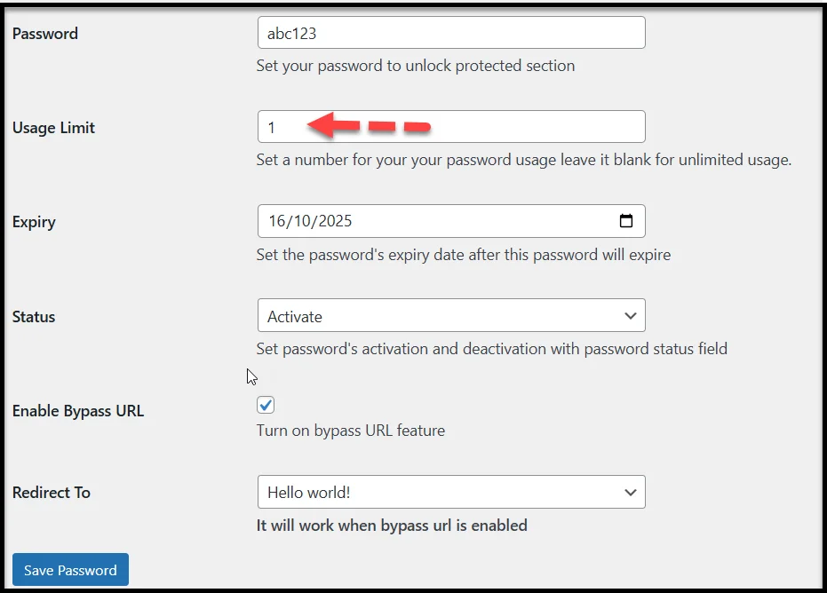 Usage limit setting for Password Protected plugin in WordPress