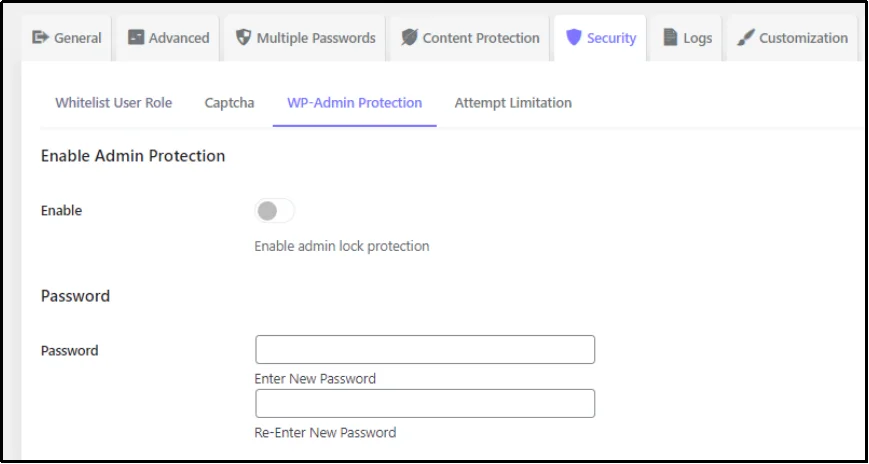WP Admin Protection Subtab in Password Protected plugin