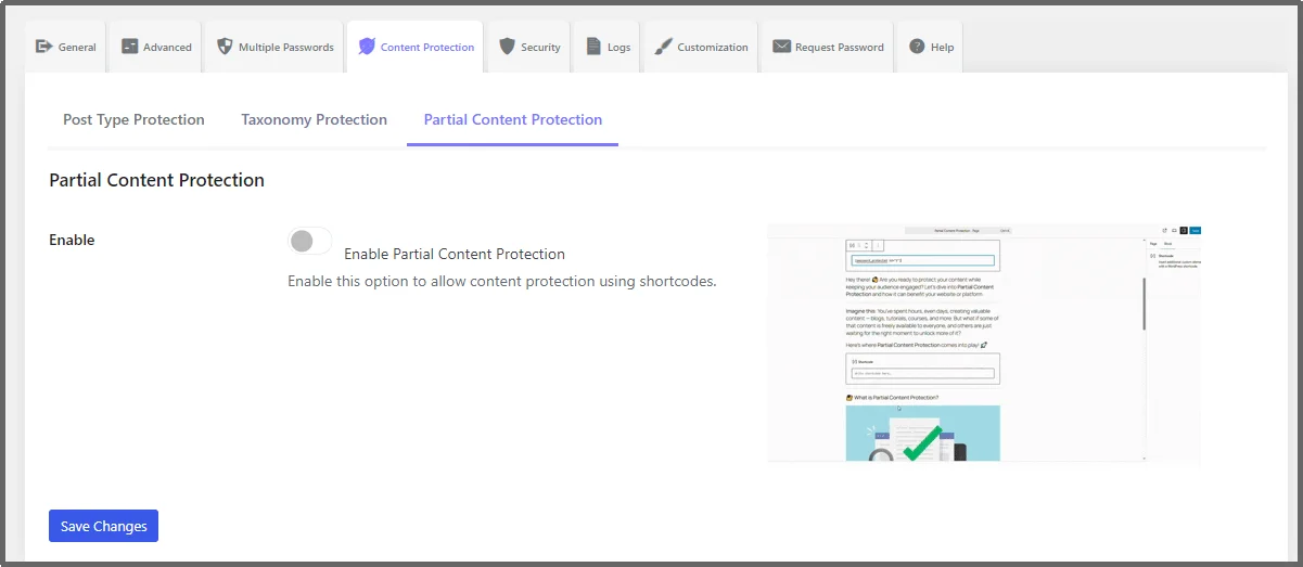 Screenshot showing the toggle button to enable password protection