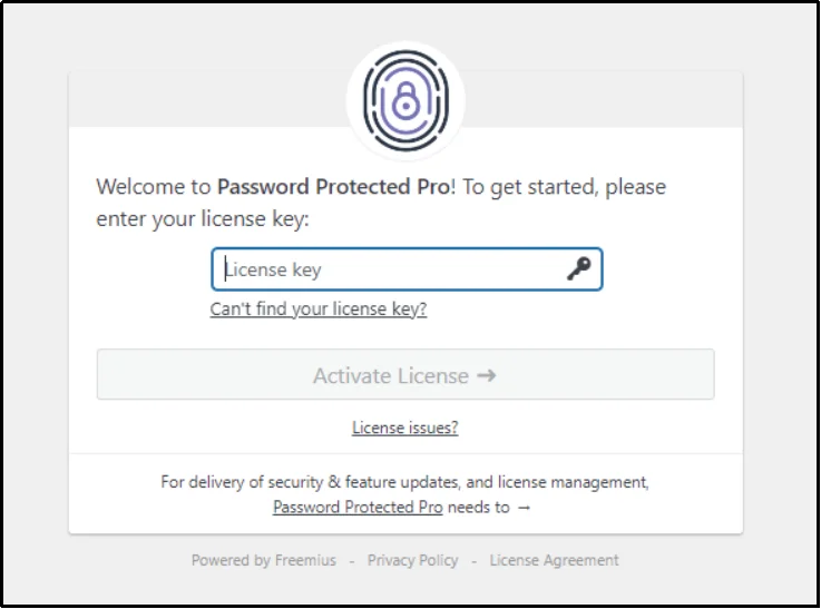 Settings panel with a field to enter the plugin license key