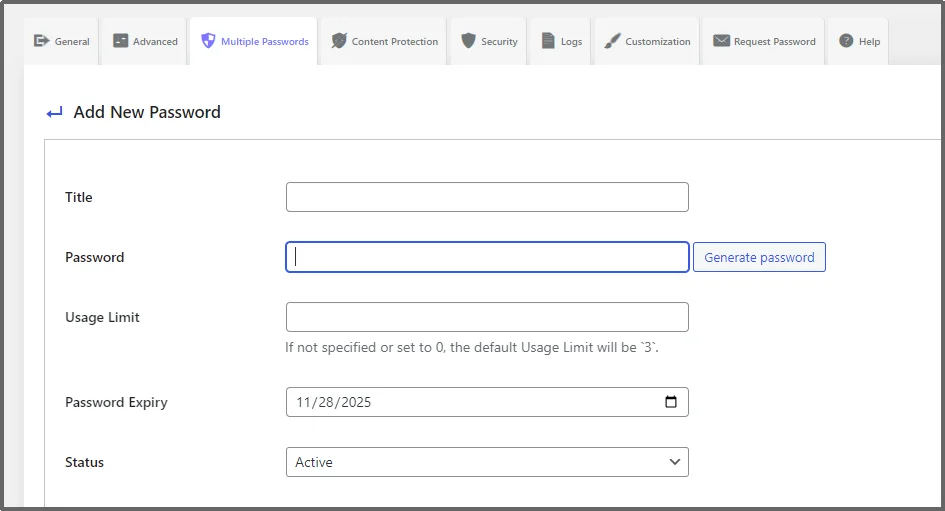 Screenshot showing fields to enter password details