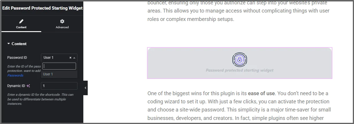 Screenshot of the password selection dropdown menu