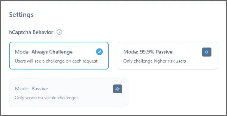 Selecting hCaptcha behavior settings in WordPress plugin