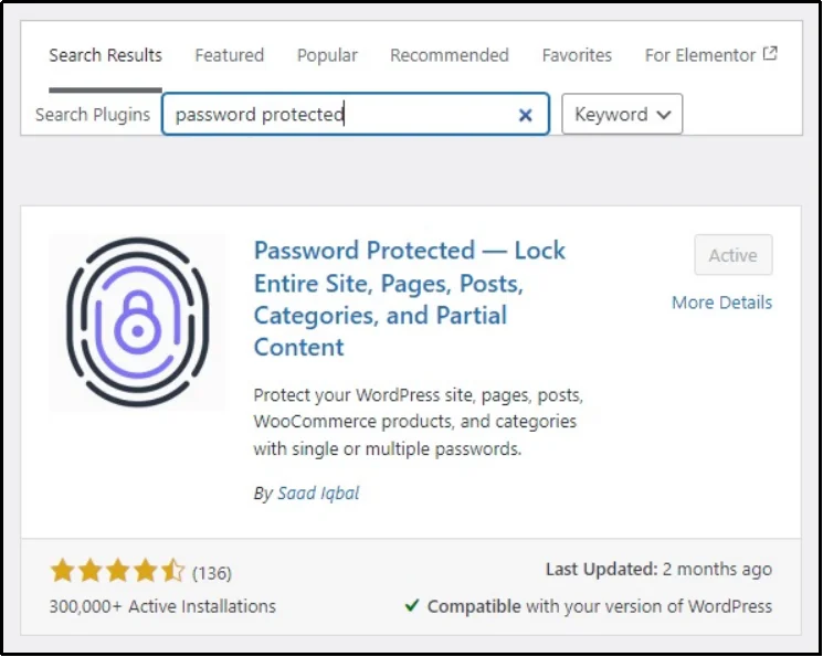 Search bar with the Password Protected plugin typed in