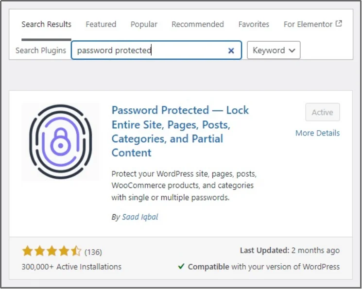 Screenshot of the WordPress plugin search typing “Password Protected”