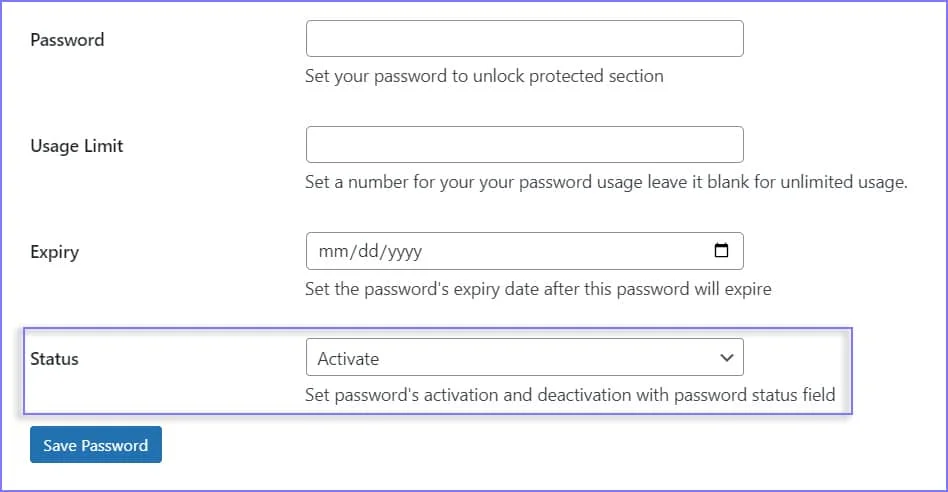 Choosing to activate or delete password protection