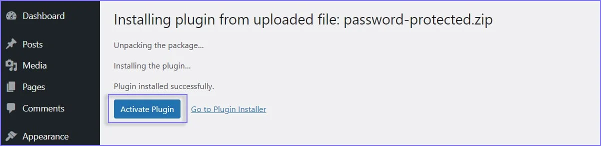 Clicking on the activate plugin button in WordPress