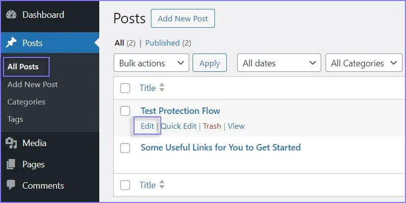 Clicking on the edit option for a WordPress post