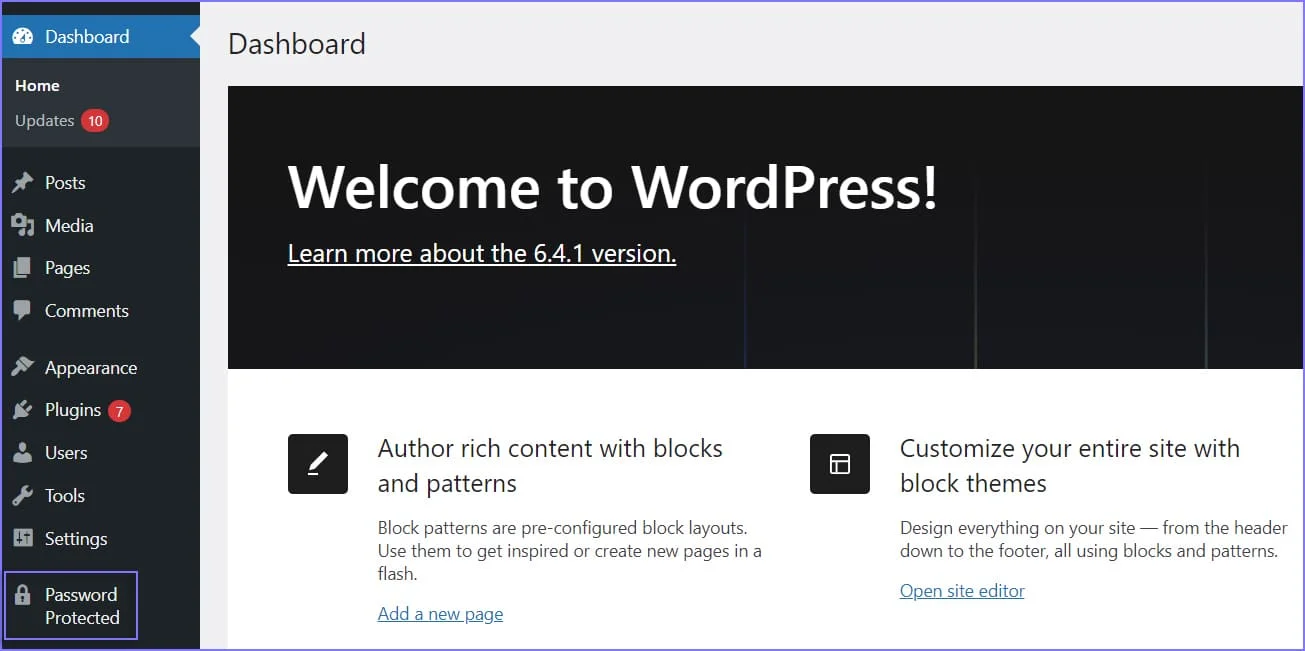 Opening the Password Protected plugin settings