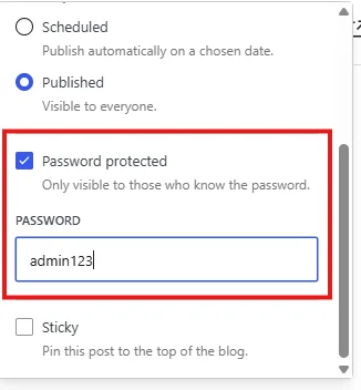 Entering a secure password for WordPress post protection