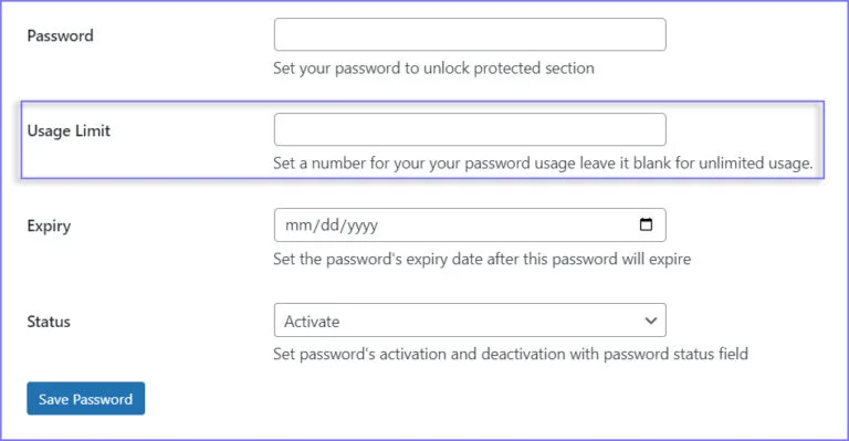 Entering the number of allowed password uses