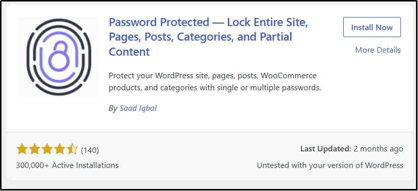 Password Protected plugin listing with the Install Now button in the WordPress plugin directory