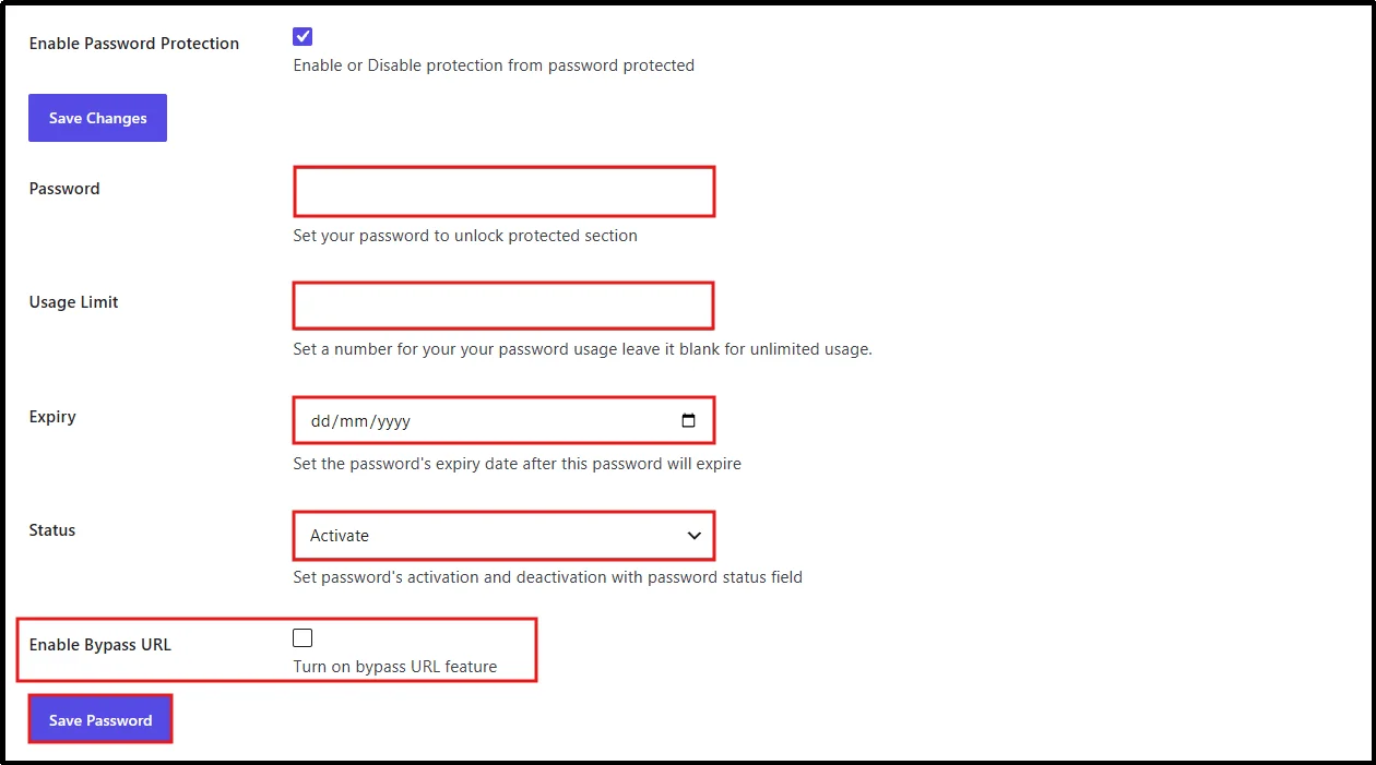 Password, usage limit, expiry, status, and bypass URL settings for a password-protected WordPress post