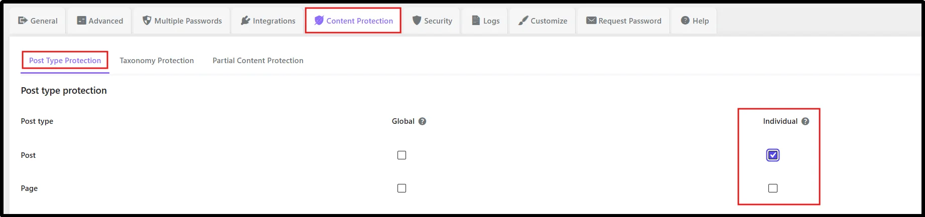 Individual protection enabled for posts under Content Protection in Password Protected Pro