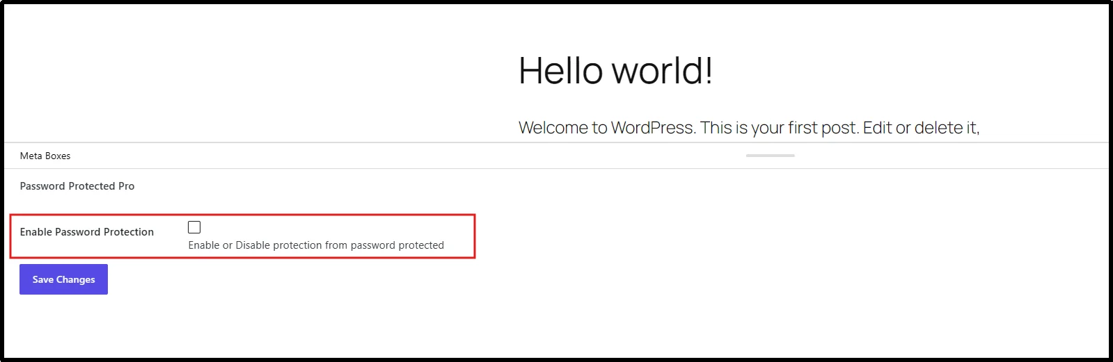 Enable Password Protection checkbox in the Password Protected Pro meta box on a WordPress post