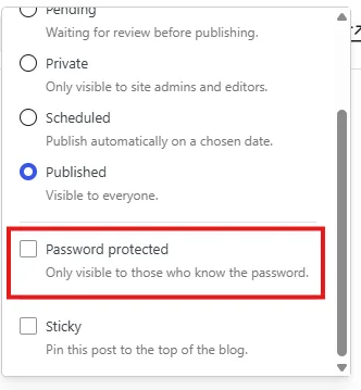 Selecting the password protected option in WordPress
