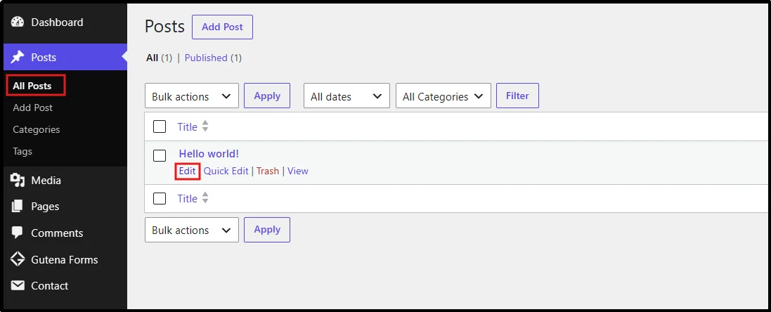 Edit link for a post on the All Posts screen in WordPress