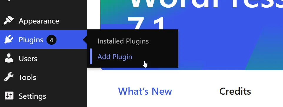Add Plugin option under the Plugins menu in the WordPress dashboard