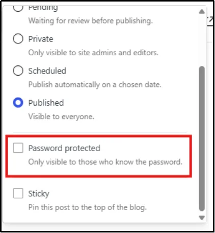 Password protected checkbox in the WordPress post status options