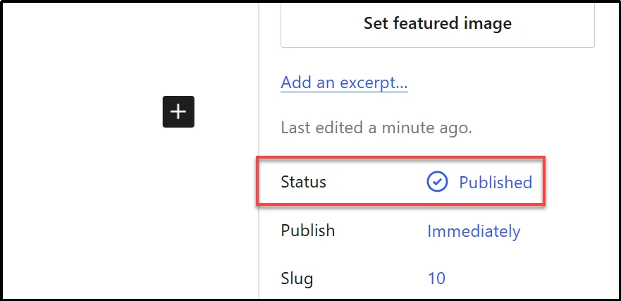 WordPress post Status option showing Published in the post settings sidebar
