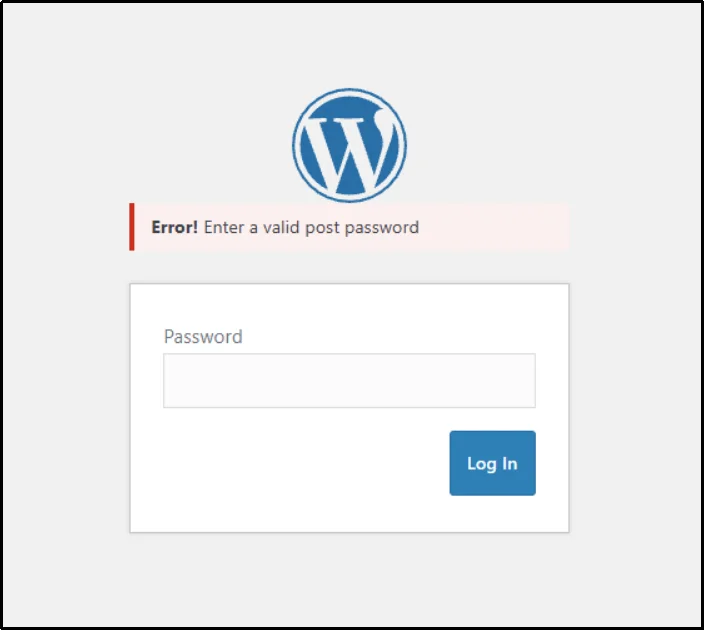 Error message shown after entering an invalid password on a protected WordPress post