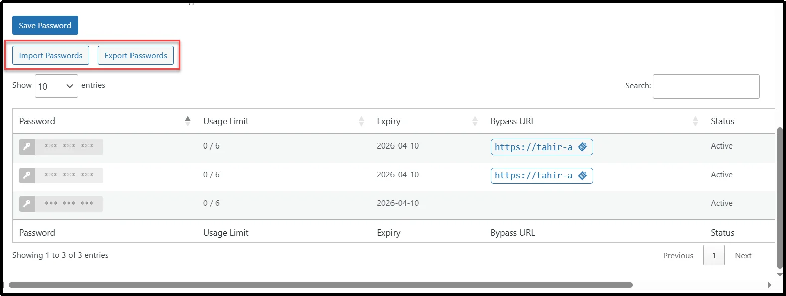Import and export passwords button inside Password Protected Pro dashboard