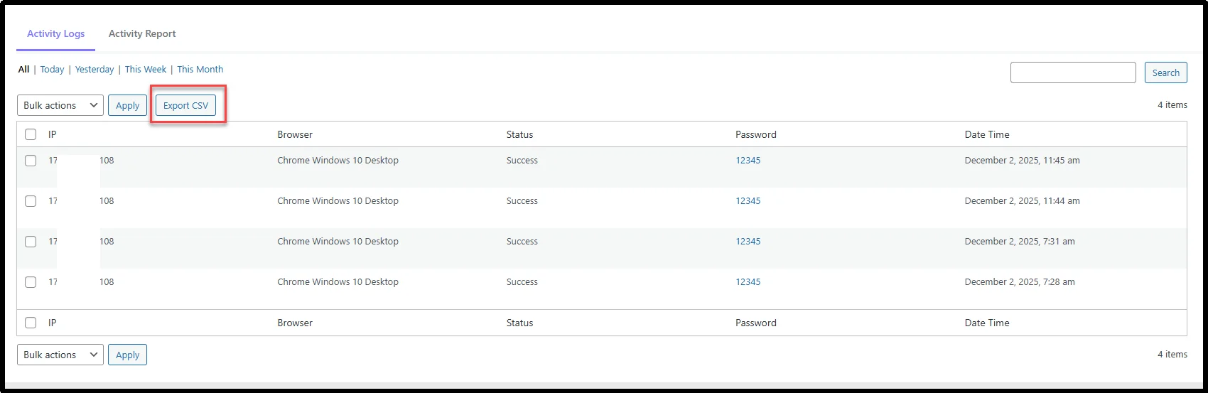 Export CSV button in Password Protected Pro activity logs settings