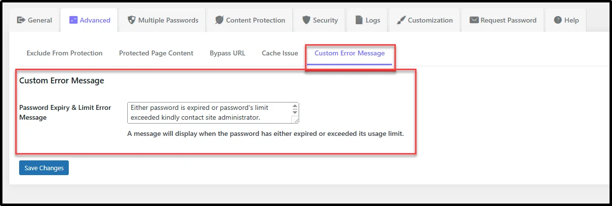 Custom error message settings for expired passwords in Password Protected Pro