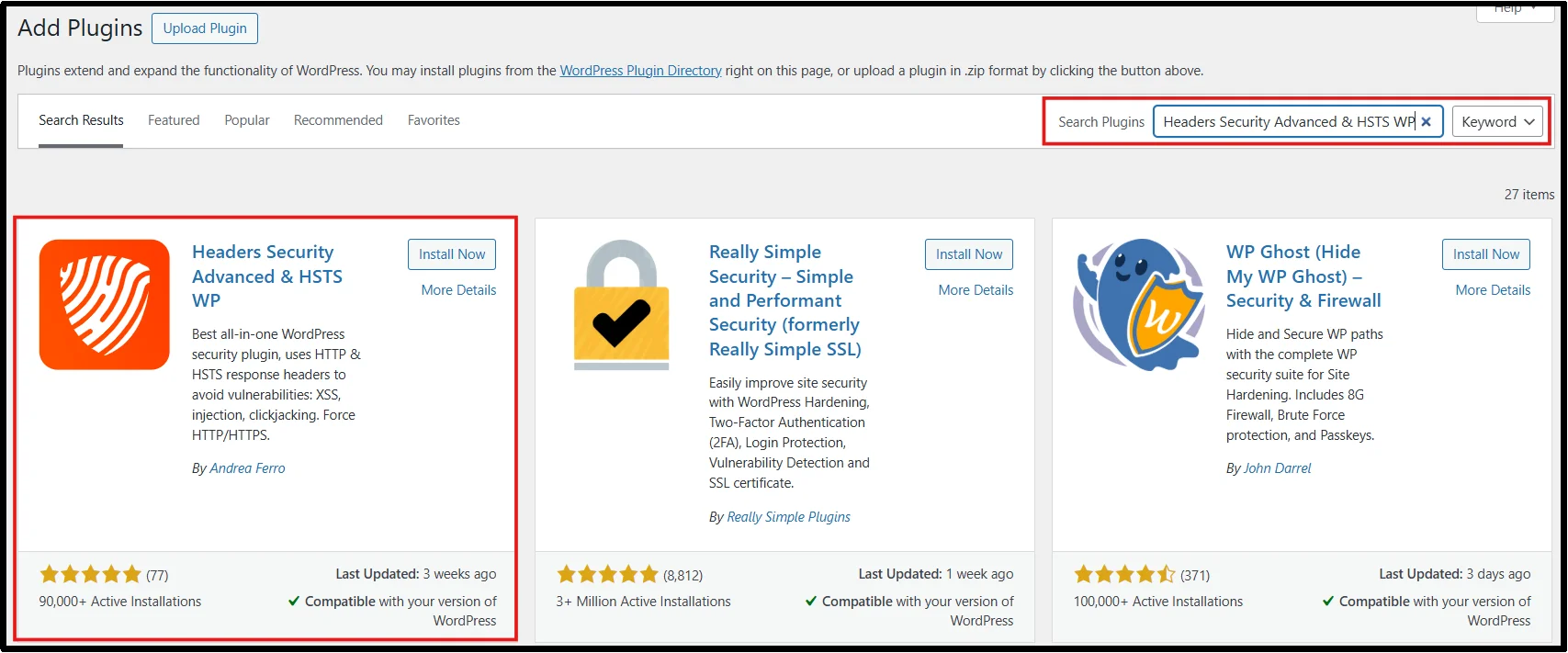 Headers Security Advanced settings with HSTS enabled in WordPress plugin