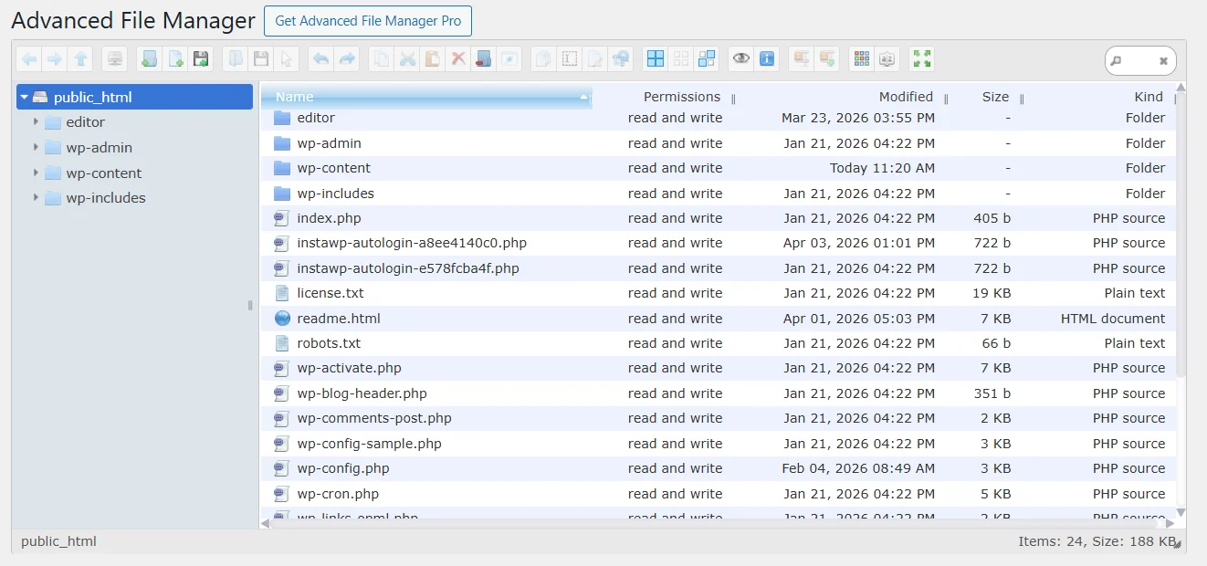 Open website root directory using WordPress file manager